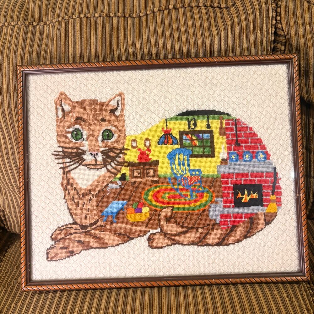 Cozy Cat Needlepoint Framed Wall Art House Finished Dimensions Fireplace 1980